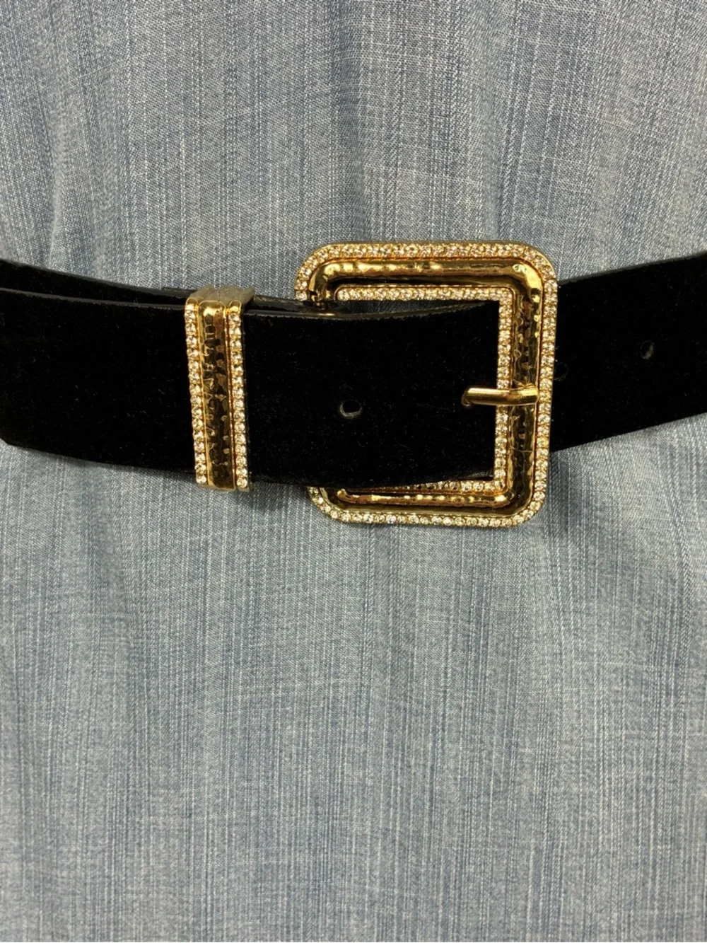 Zara Womens belt 41” long Black velvet with Gold buckle rhinestones glam bling